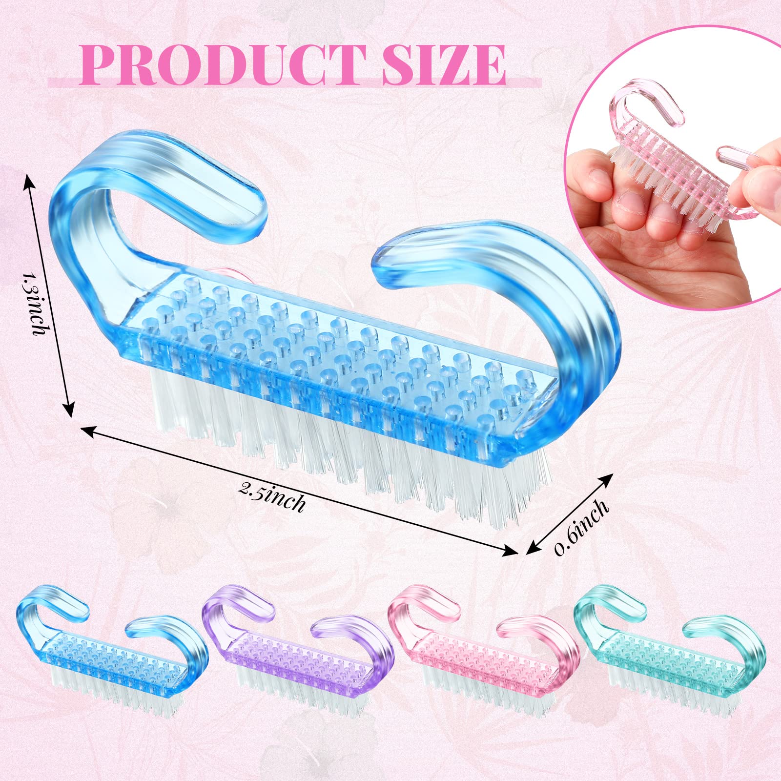 Vibrant multicolor fingernail scrubber brushes with ergonomic hand grips arranged in rows.