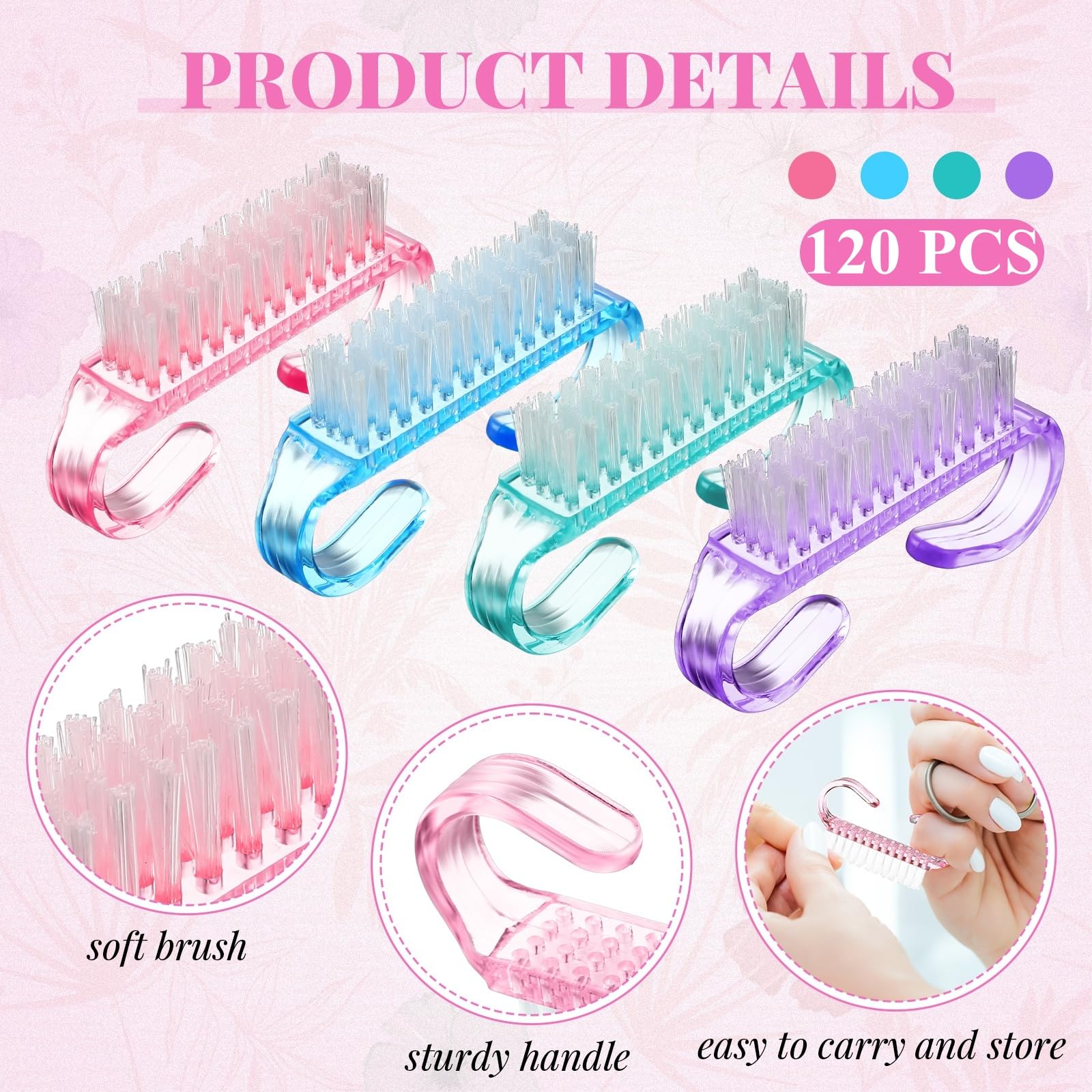 Demonstration of the long handle nail brush variant being held comfortably for hand cleaning.