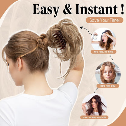 Larfraecy casual chic hair extension bun showing realistic multi tonal brunette highlight dimension