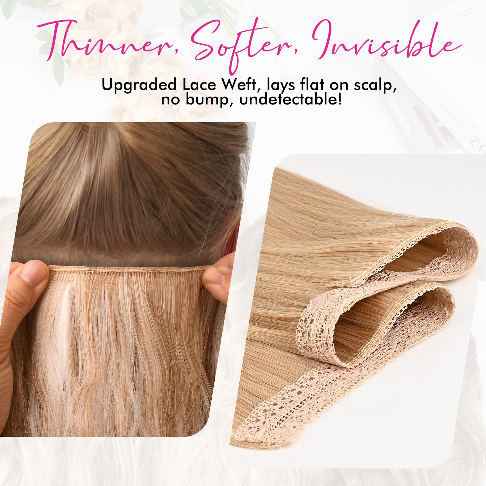 Wavy 12 inch hidden wire hairpiece for women showing lace weft texture