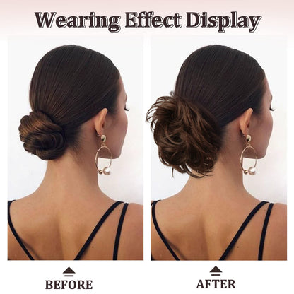 Before and after styling demonstration using the RUWISS claw clip hairpiece
