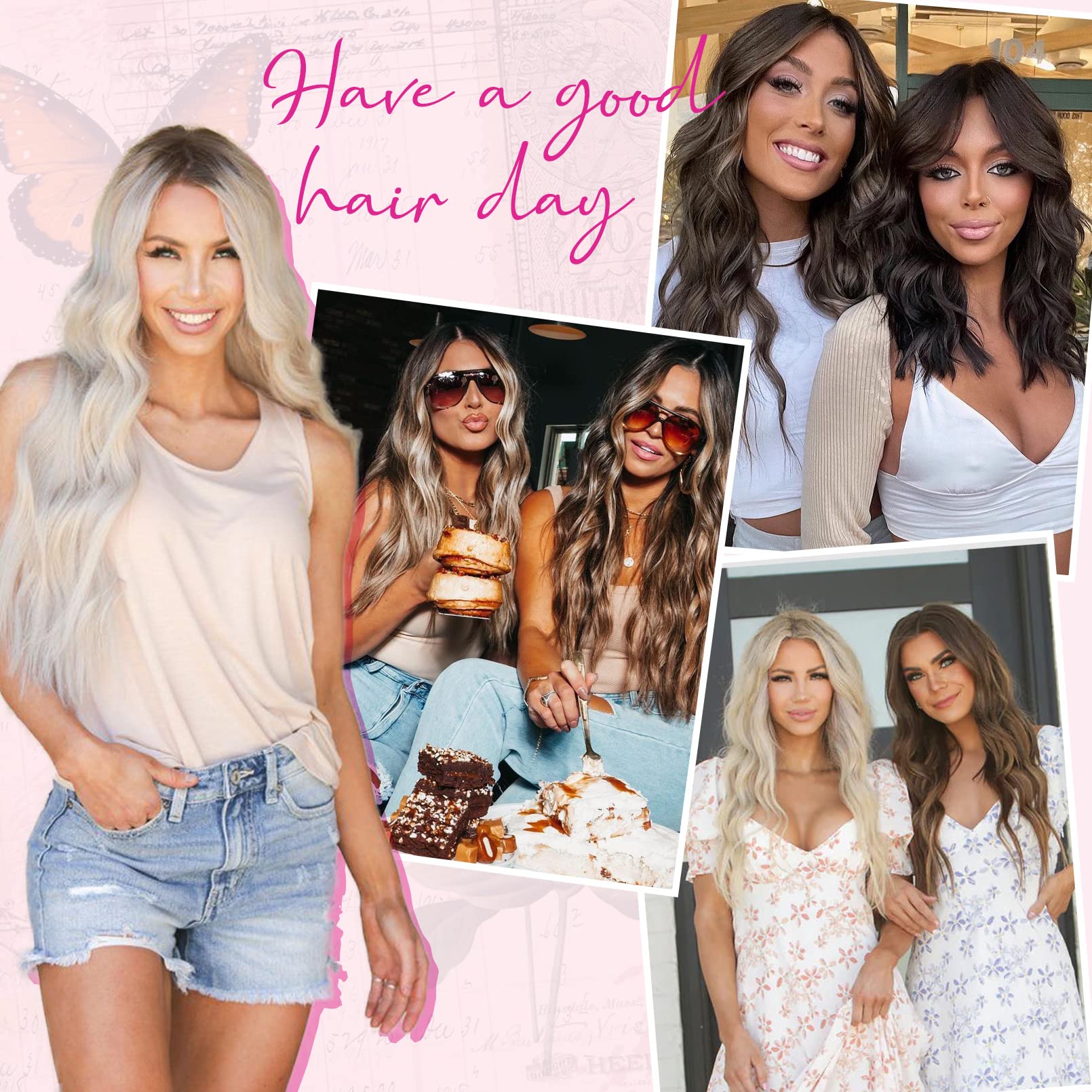 Natural looking blonde highlight wavy hairpiece showing removable clips