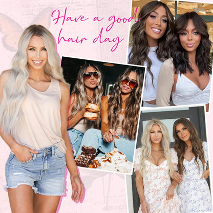 Natural looking blonde highlight wavy hairpiece showing removable clips