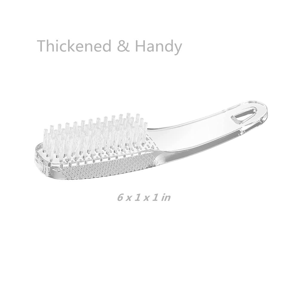 Three piece set of clear manicure scrub brushes placed side by side highlighting the ergonomic grip ridges.