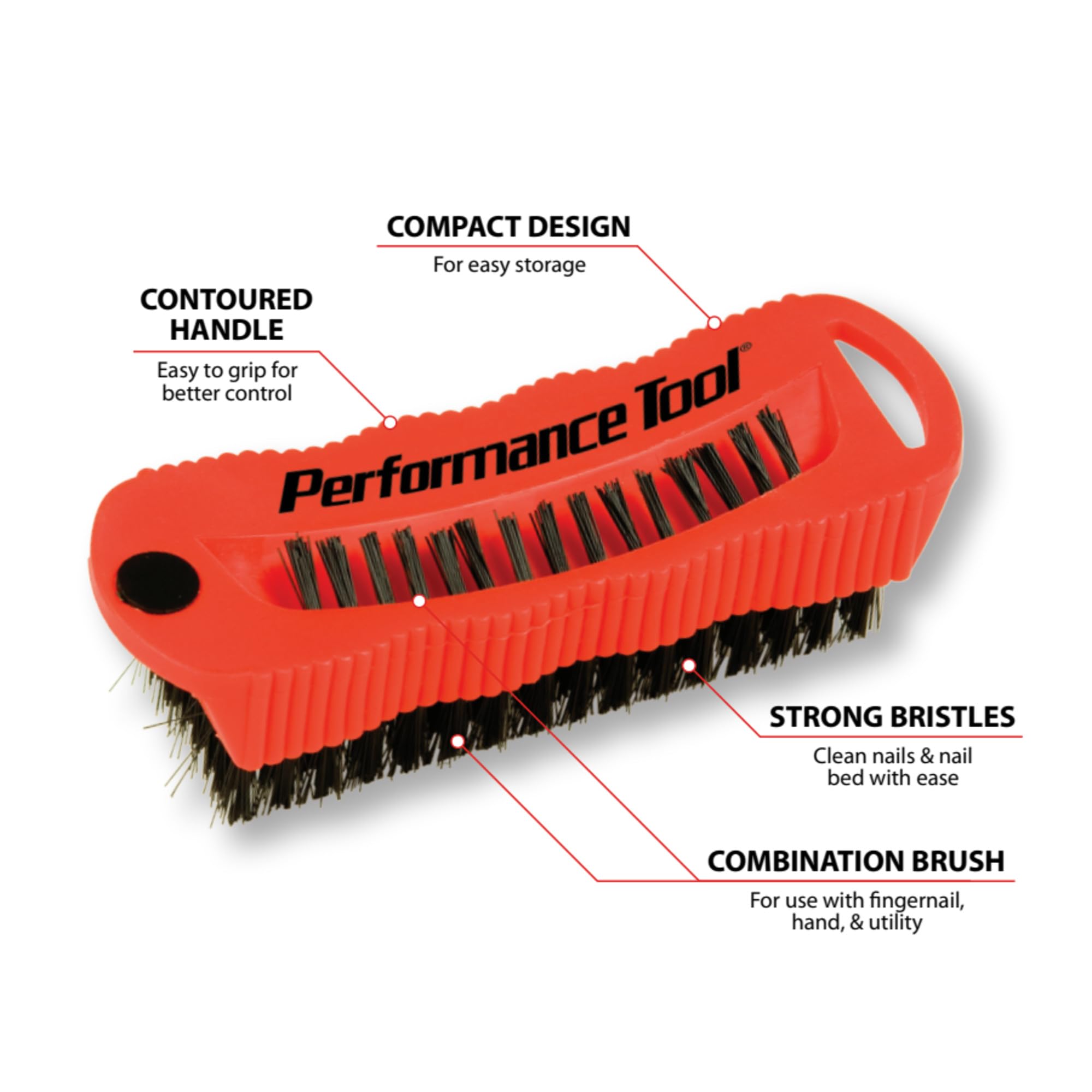 Performance Tool double sided mechanic hand scrub brush showcasing short nail cleaning bristles.