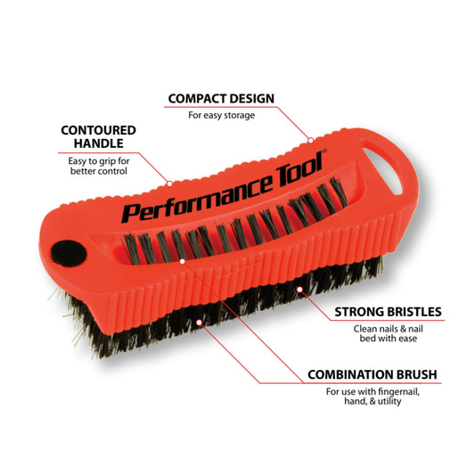 Performance Tool double sided mechanic hand scrub brush showcasing short nail cleaning bristles.
