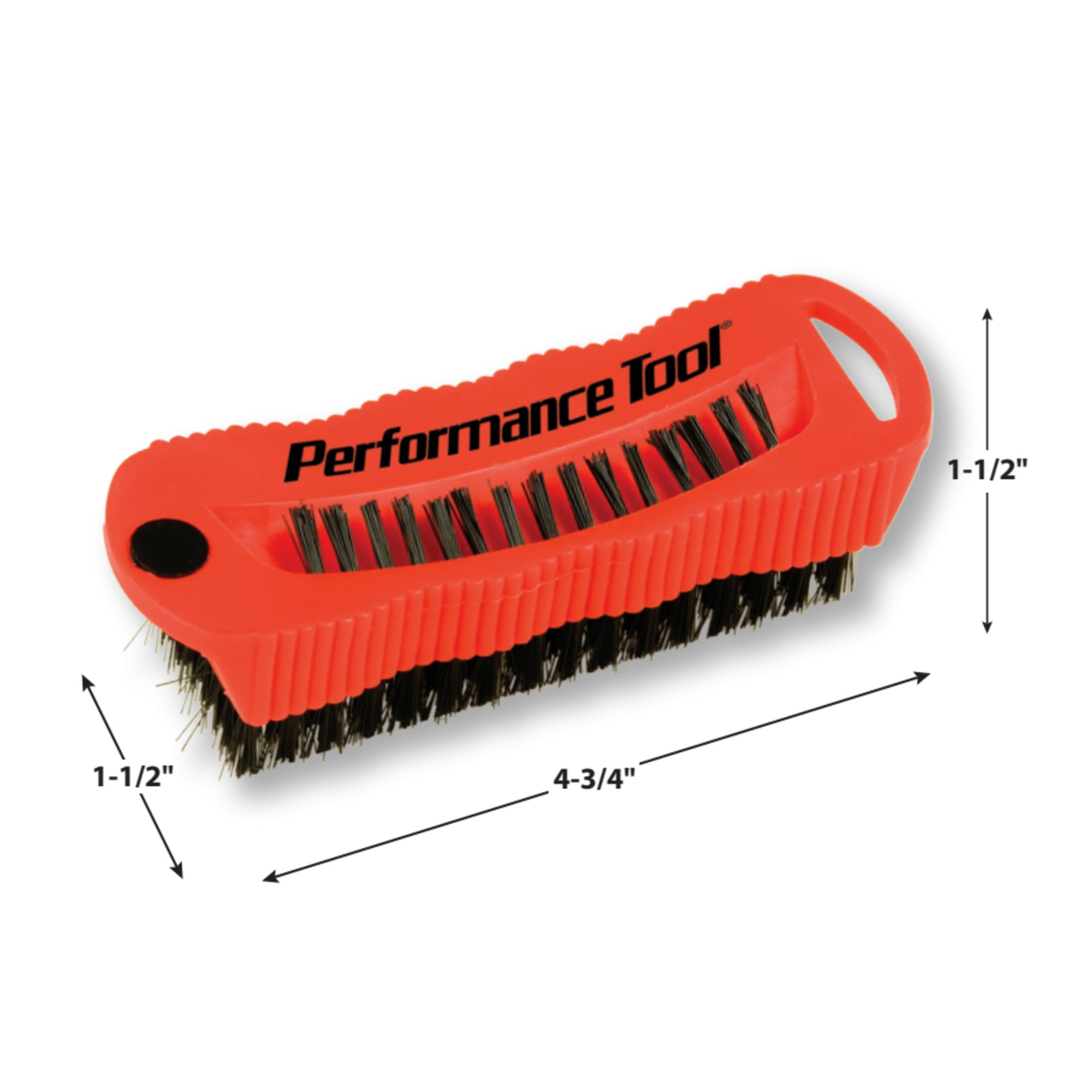 Performance Tool magnetic utility brush picking up small metal screws on a workshop table.
