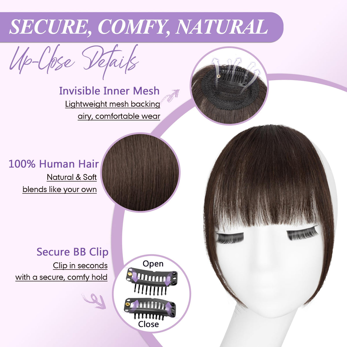 Yorda dark brown real hair extensions secure BB clips side angle