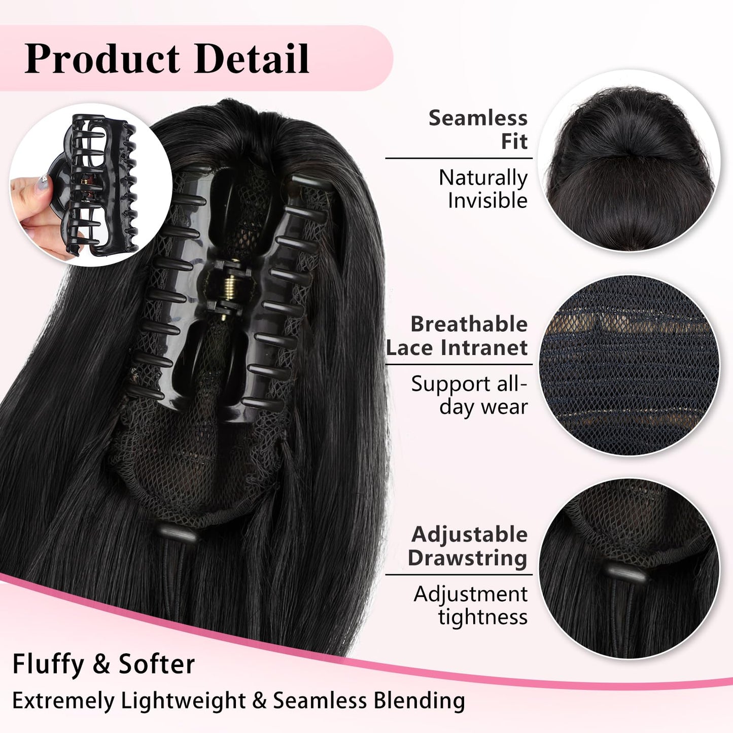 Long curly black hairpiece applied on a woman for premium volume and length