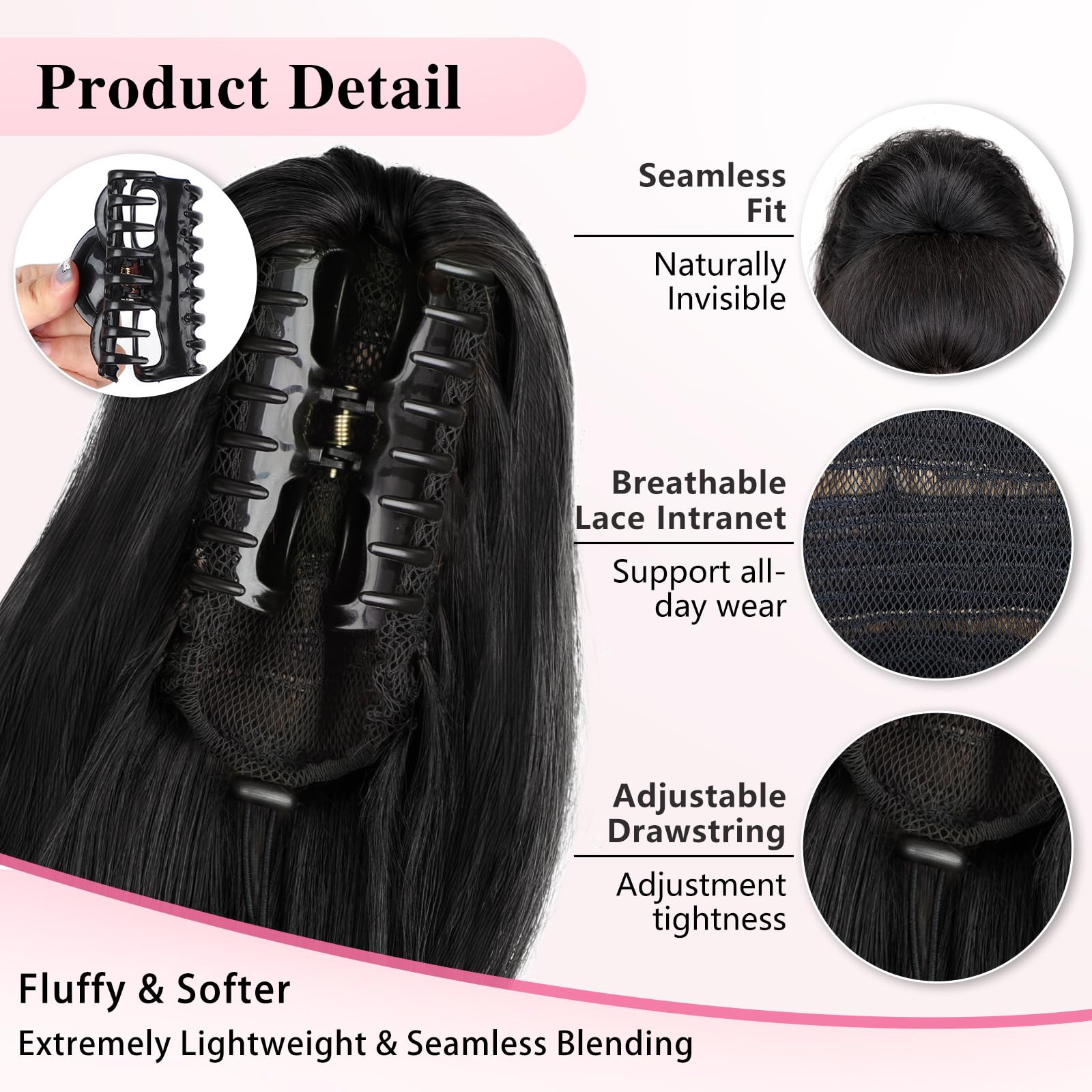 Long curly black hairpiece applied on a woman for premium volume and length