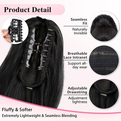 Long curly black hairpiece applied on a woman for premium volume and length
