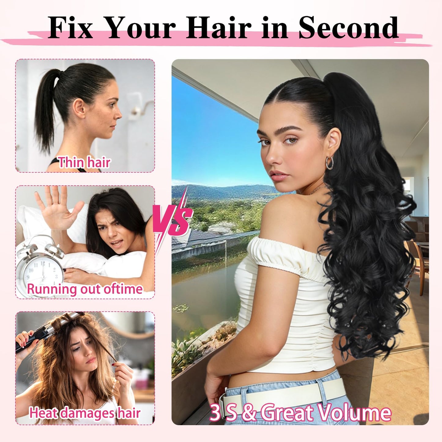 ALXNAN 24 inch wavy synthetic ponytail hair extension texture details