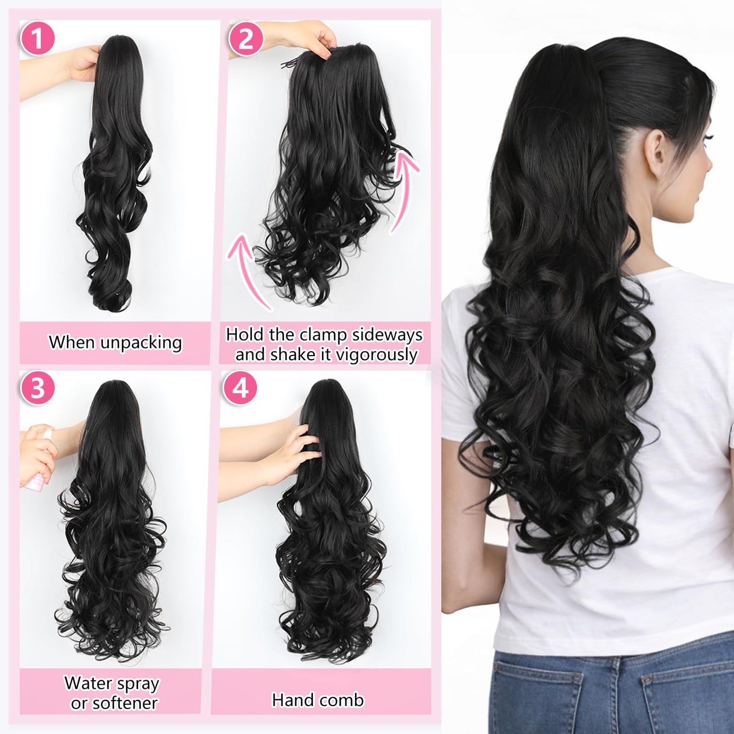 Side view of authentic black curly wavy hair extension with strong grip claw