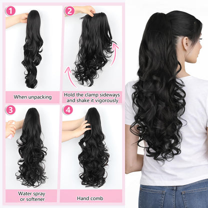 Side view of authentic black curly wavy hair extension with strong grip claw