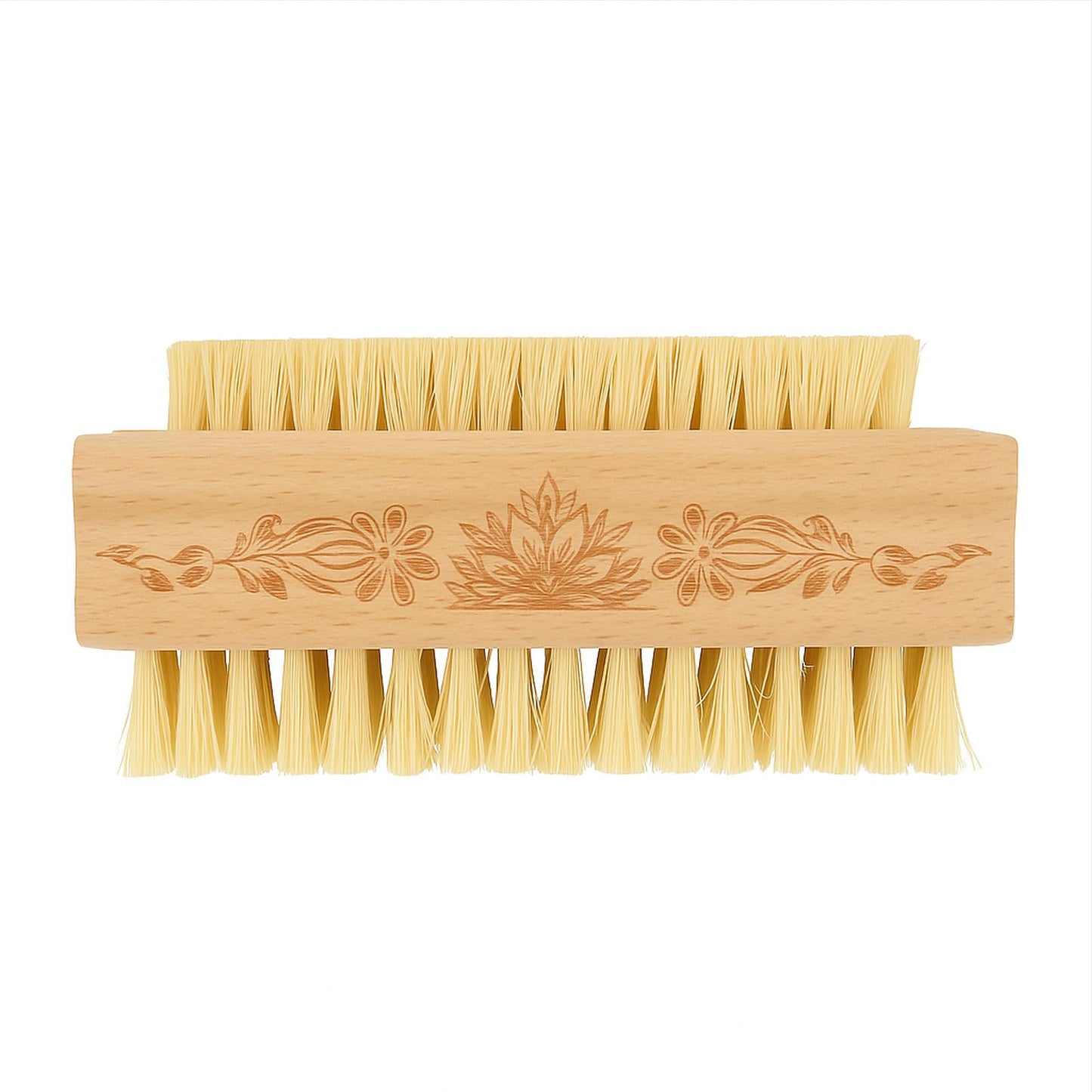 Menesia premium wood fingernail scrubber highlighting the ergonomic grip of the flower shaped handle