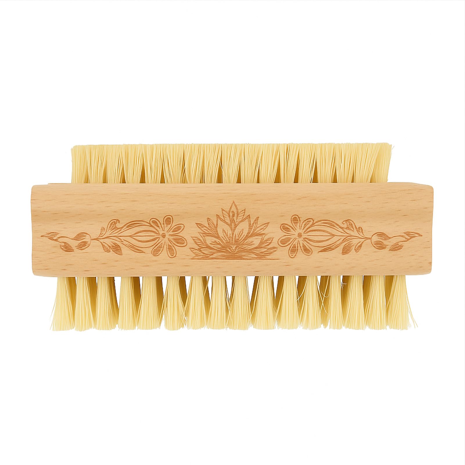 Menesia premium wood fingernail scrubber highlighting the ergonomic grip of the flower shaped handle