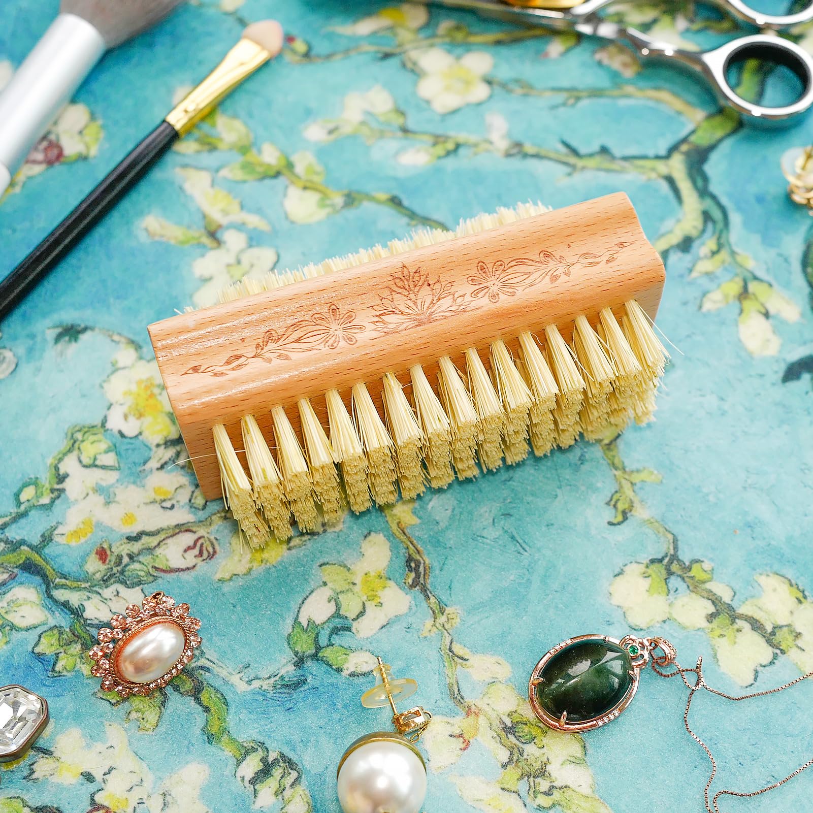 Menesia wooden manicure brush top view emphasizing the authentic imported wood grain texture