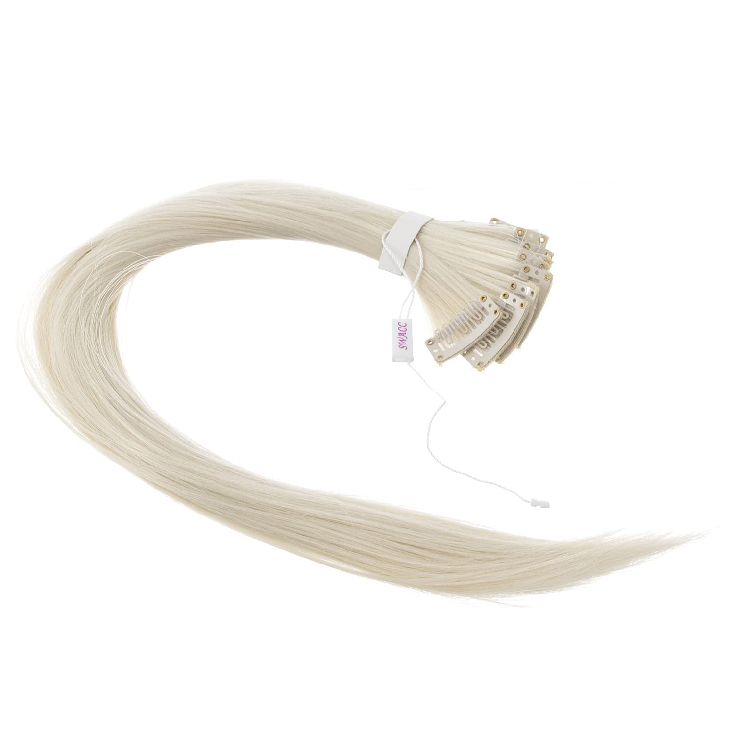 Close up view of the secure pressure sensitive clip mechanism on the platinum blonde synthetic hairpiece.