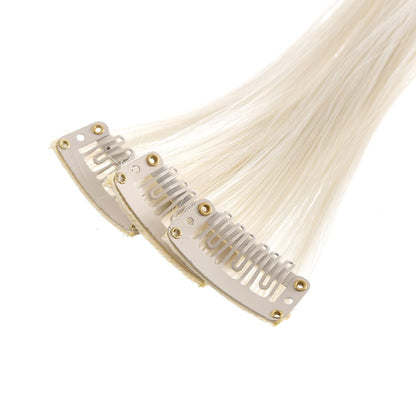 Demonstration of the individual single clip colored hair streak being applied to natural dark hair for contrast.