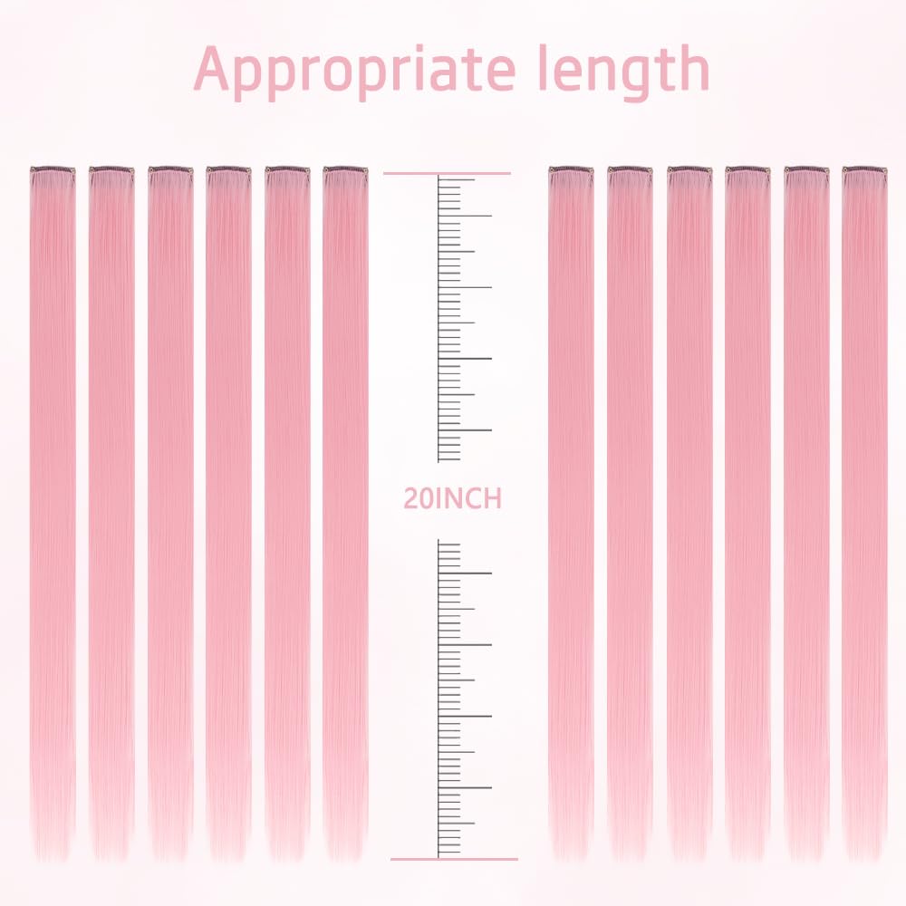 Twelve pieces of light pink synthetic hairpieces laid out individually to show packaging