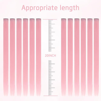 Twelve pieces of light pink synthetic hairpieces laid out individually to show packaging