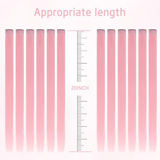 Twelve pieces of light pink synthetic hairpieces laid out individually to show packaging