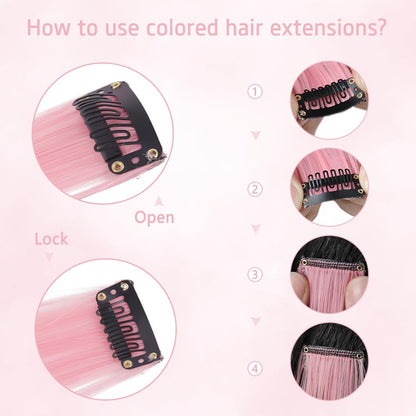 Onas pink hair extensions showing the full twenty inch length and straight styling