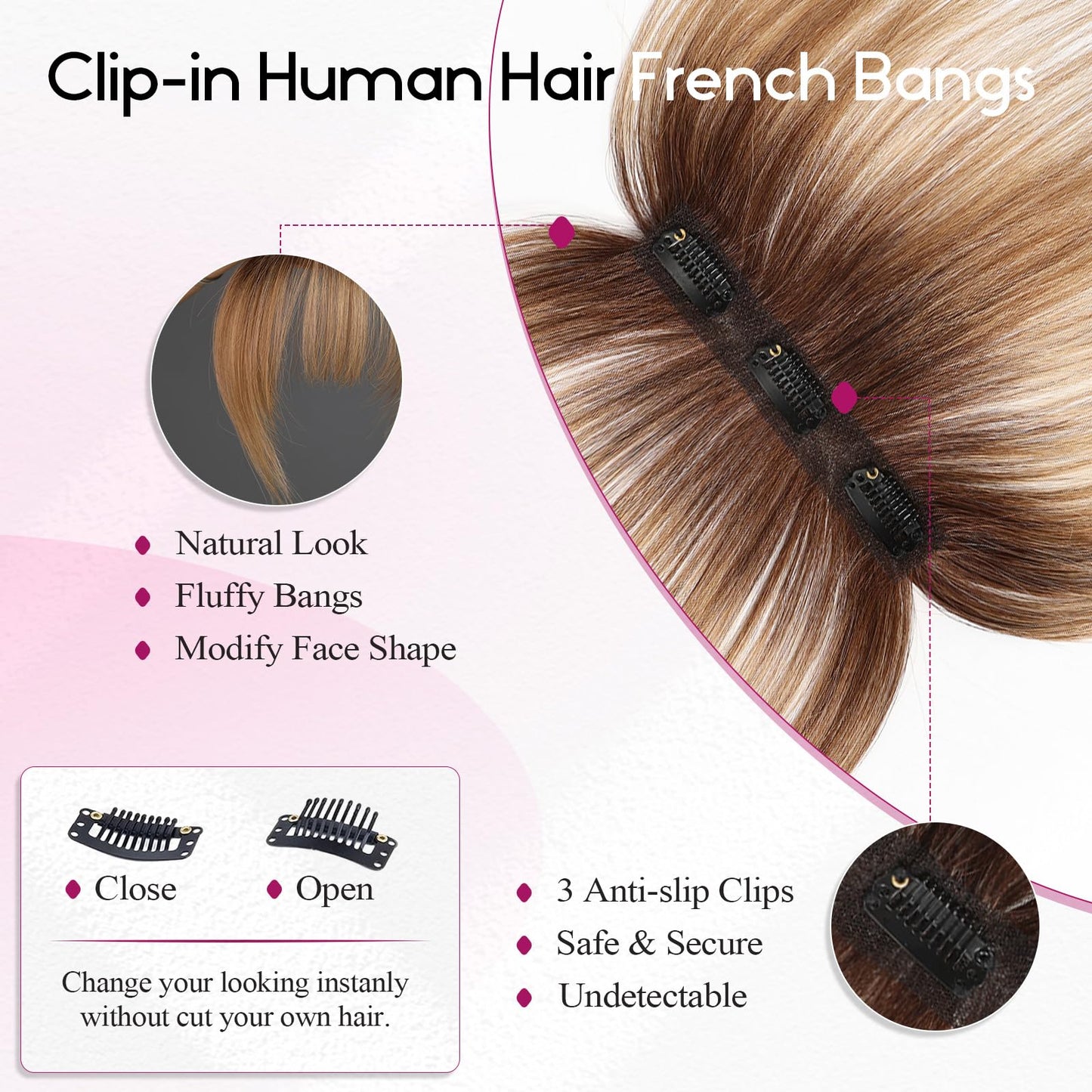 EMMOR premium real human hair clip in bangs side styling view