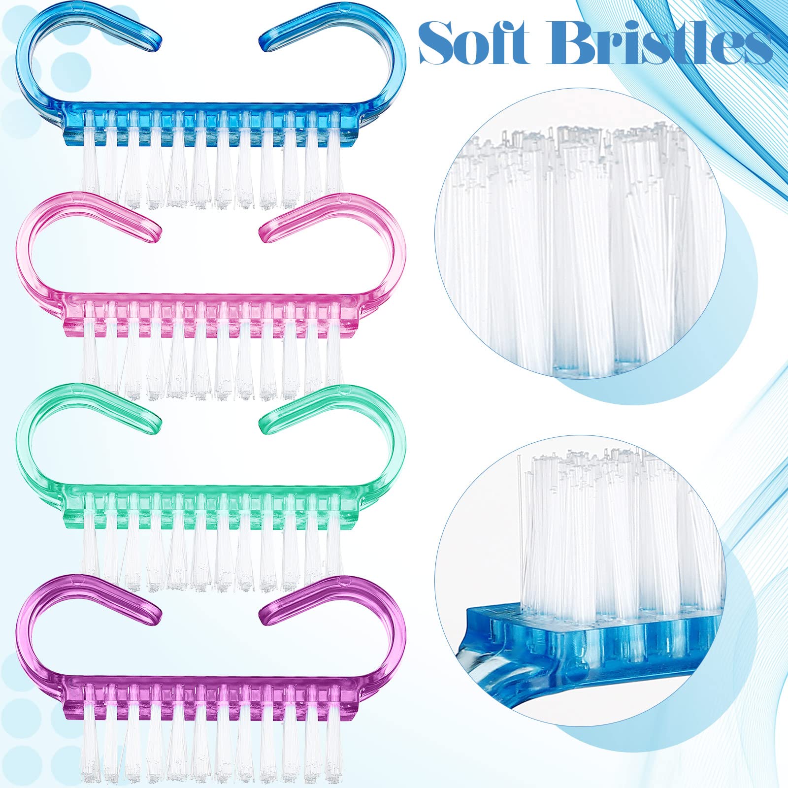 Assorted four bright colors of the Bokon bulk nail scrub brushes arranged together