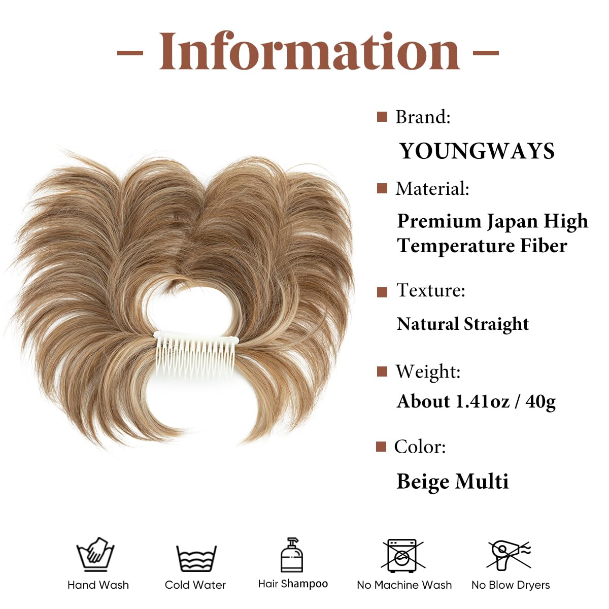 Close up of the integrated French side comb and flexible bendable arms on the youngways hairpiece.