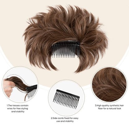Youngways human hair extension being inserted into a women's short hair bun for instant volume.