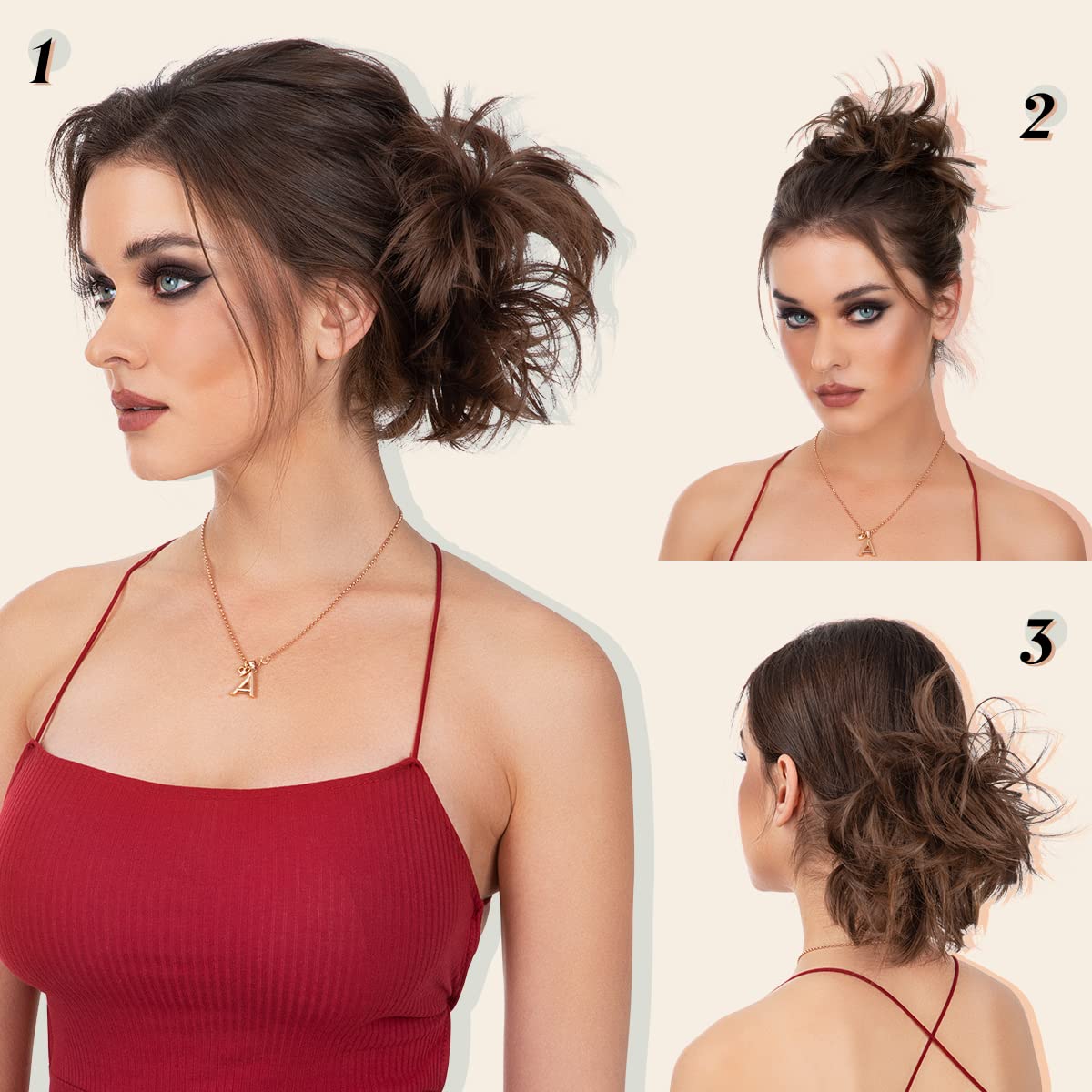 Rear view of a completed messy juda hairstyle using the adjustable clip in hair bun accessory.