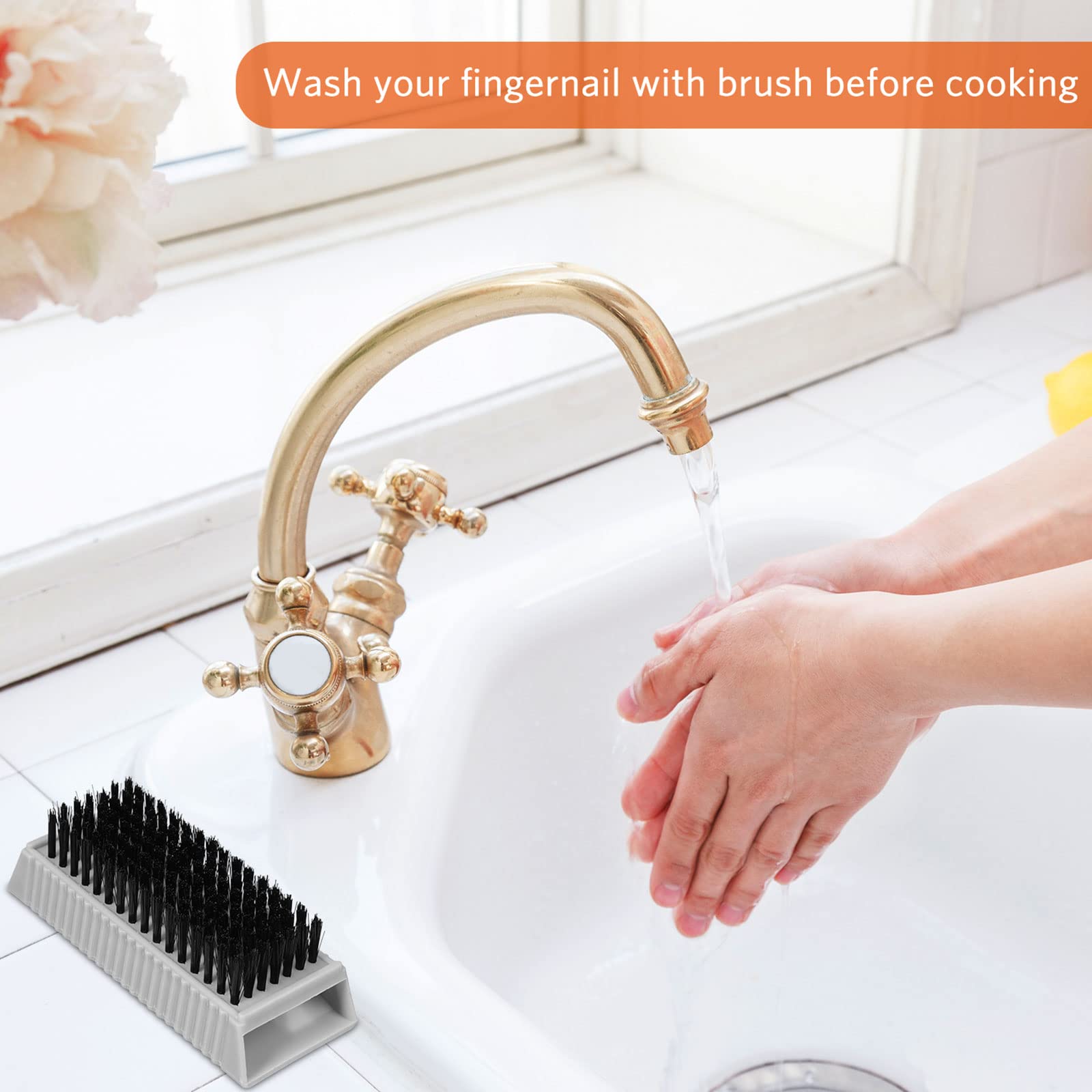 Close up of Boao plastic fingernail cleaning brush highlighting the soft bristles.