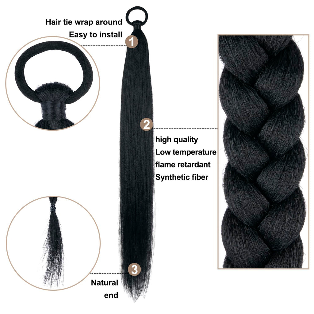 Detailed view of the elastic tie on the black synthetic hairpiece