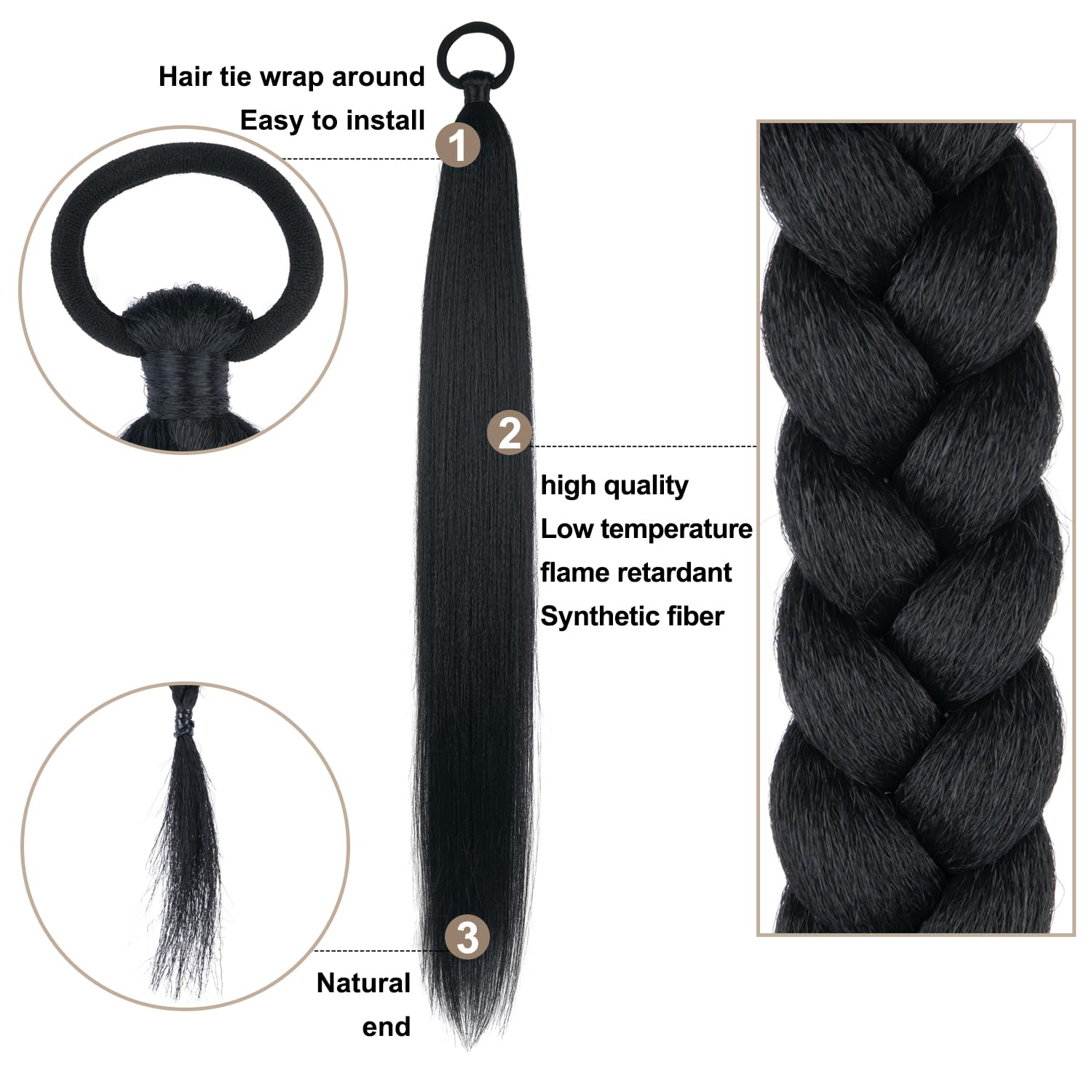 Detailed view of the elastic tie on the black synthetic hairpiece