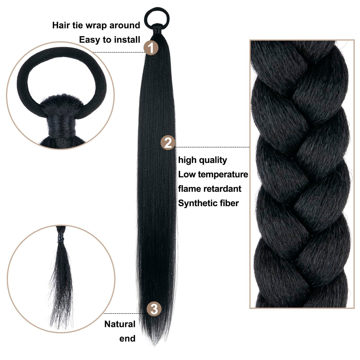 Detailed view of the elastic tie on the black synthetic hairpiece