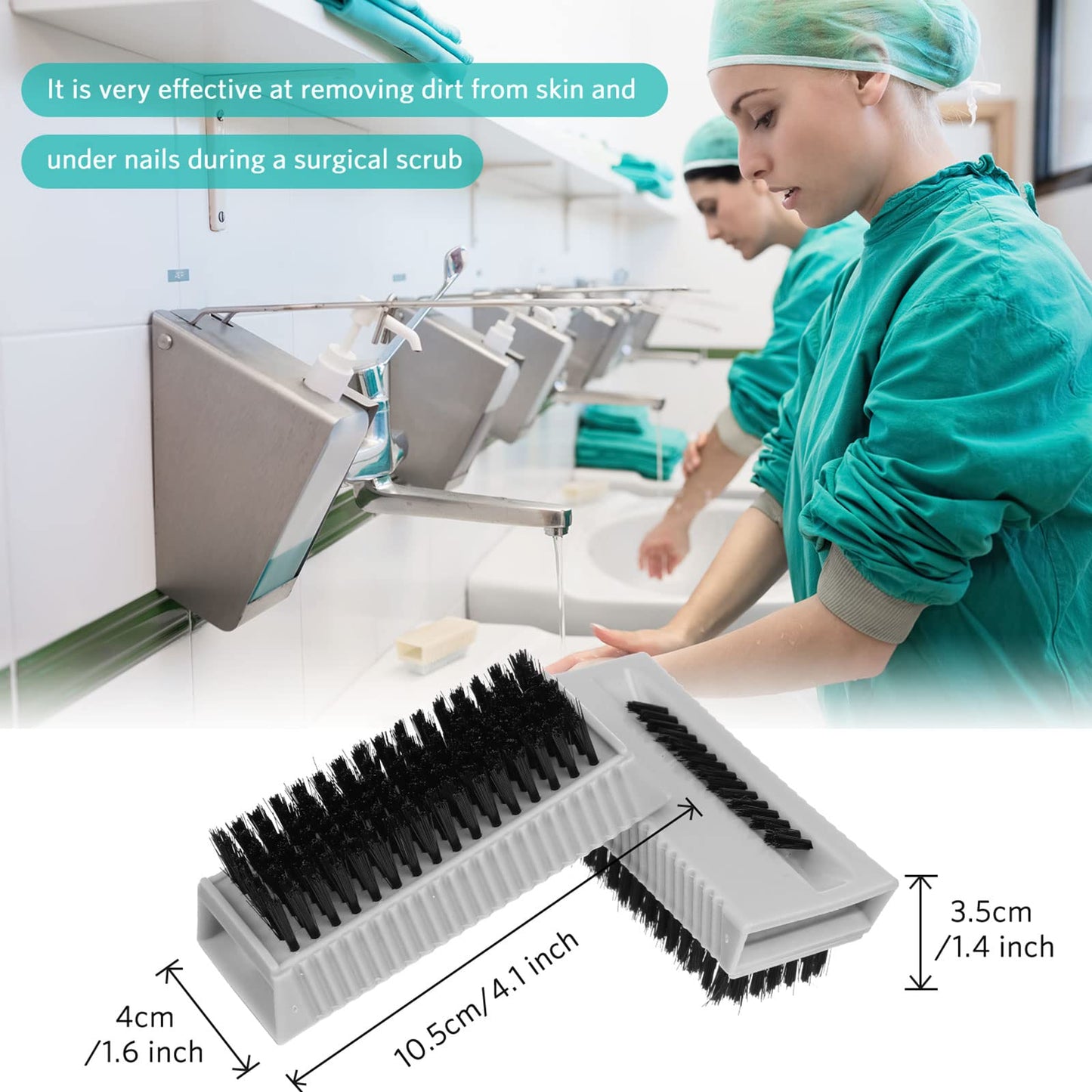 Boao non disposable hand scrub brushes being used to clean under fingernails.