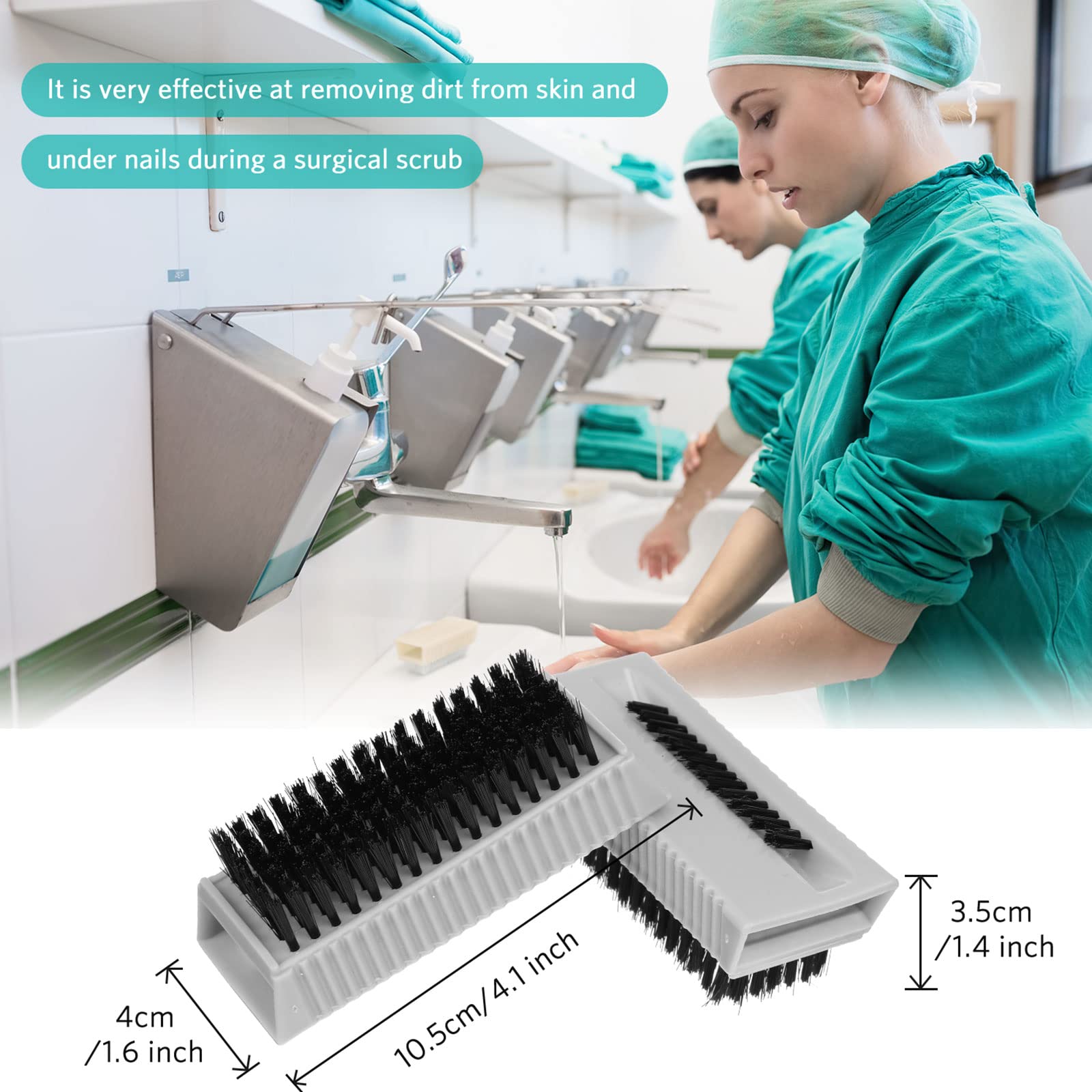Boao non disposable hand scrub brushes being used to clean under fingernails.