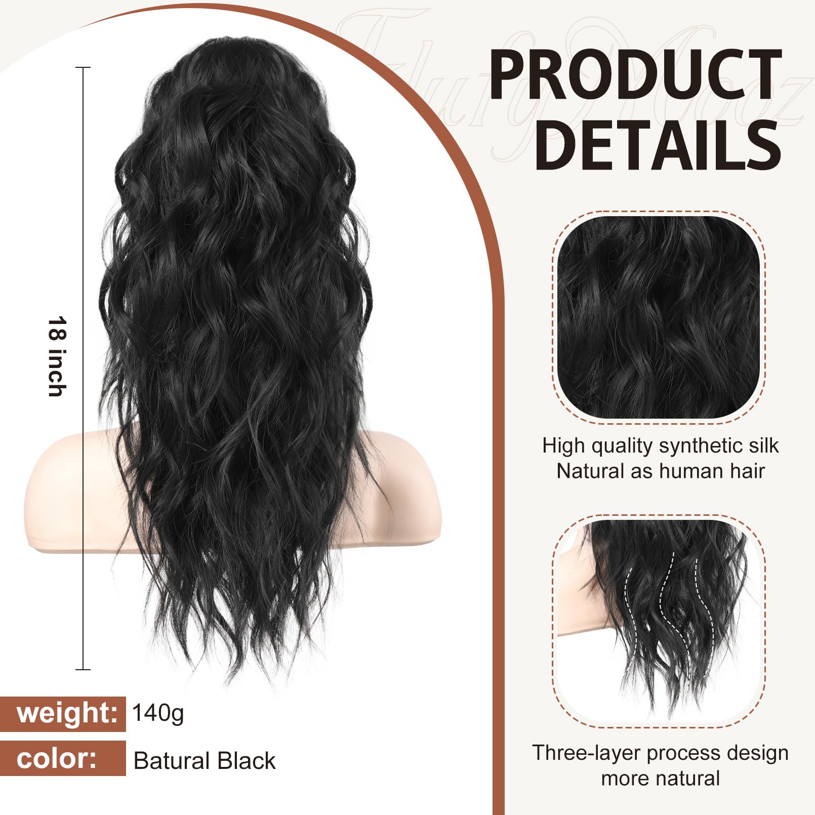 Flufymooz synthetic hairpiece showcasing the upgraded anti-scratch non-slip claw clip mechanism.