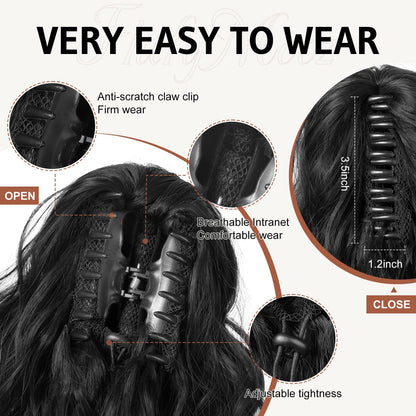 Flufymooz 18 inch curly ponytail extension demonstrating volume and length enhancement.