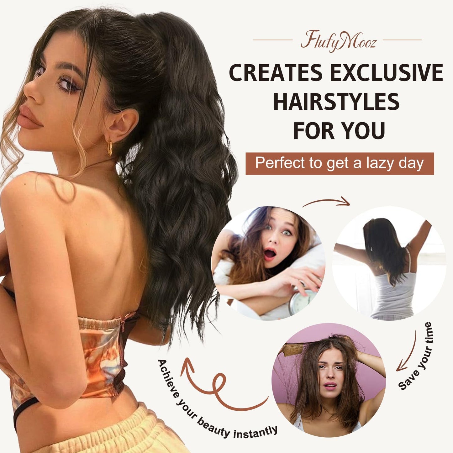 Flufymooz natural black claw clip ponytail applied securely onto a high hair bun.