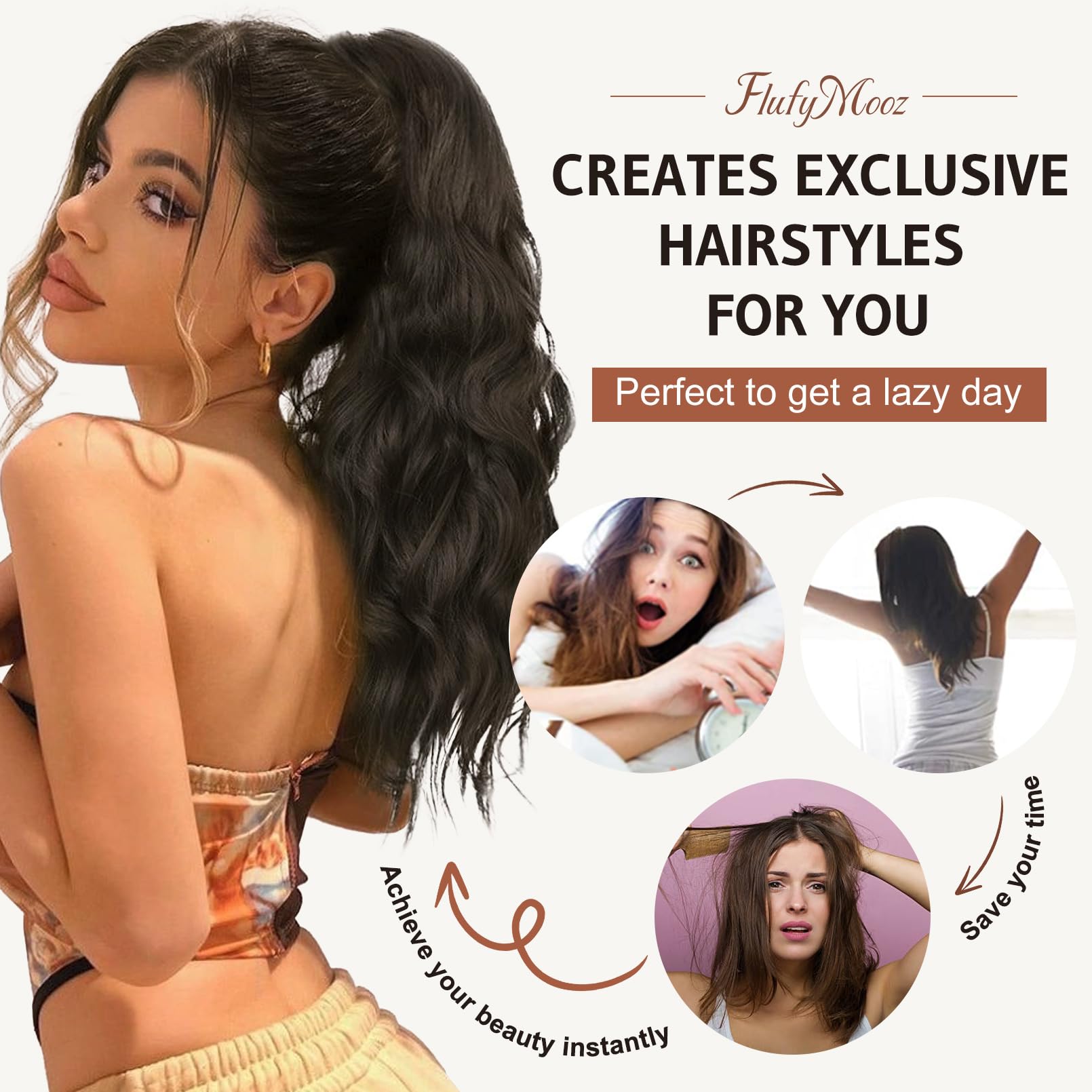 Flufymooz natural black claw clip ponytail applied securely onto a high hair bun.