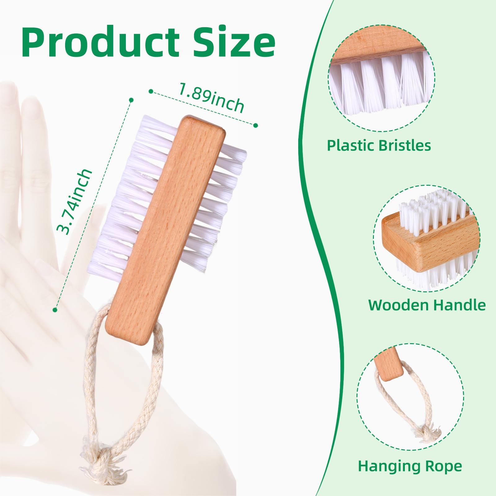 Two pack double sided fingernail scrubber brushes with integrated hanging ropes for easy bathroom storage.