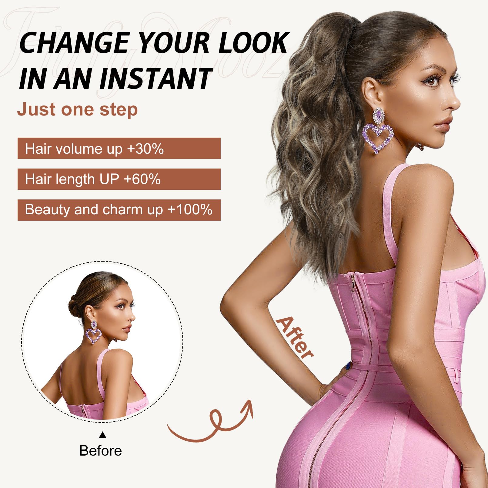 Premium heat resistant synthetic fiber texture closeup of Flufymooz ponytail extension.