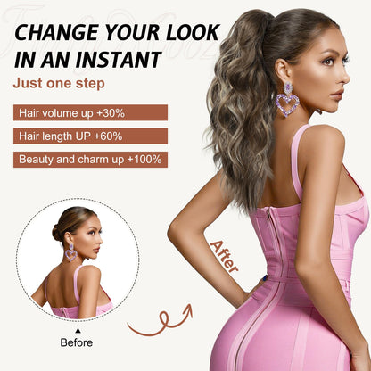 Premium heat resistant synthetic fiber texture closeup of Flufymooz ponytail extension.