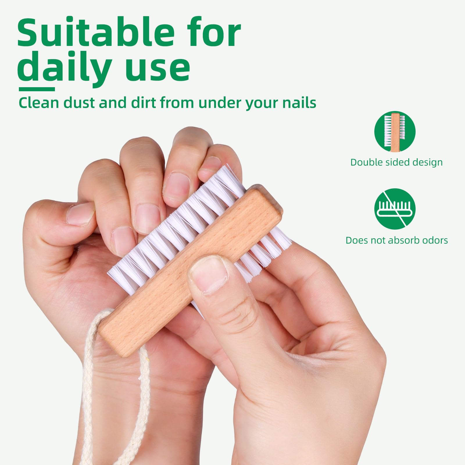 Close up view of the stiff nylon bristles on the wide and narrow sides of the wooden pedicure brush.