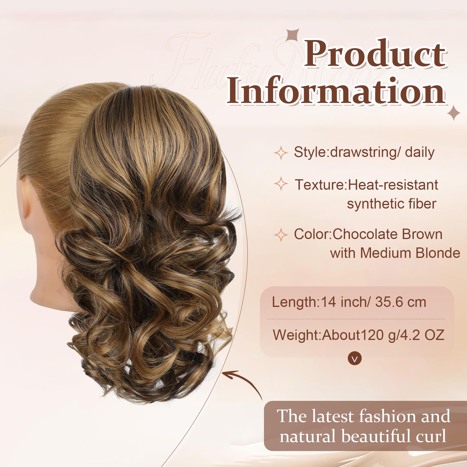 Flufymooz drawstring ponytail extension close up showing the secure inner mesh and built-in hidden attachment combs