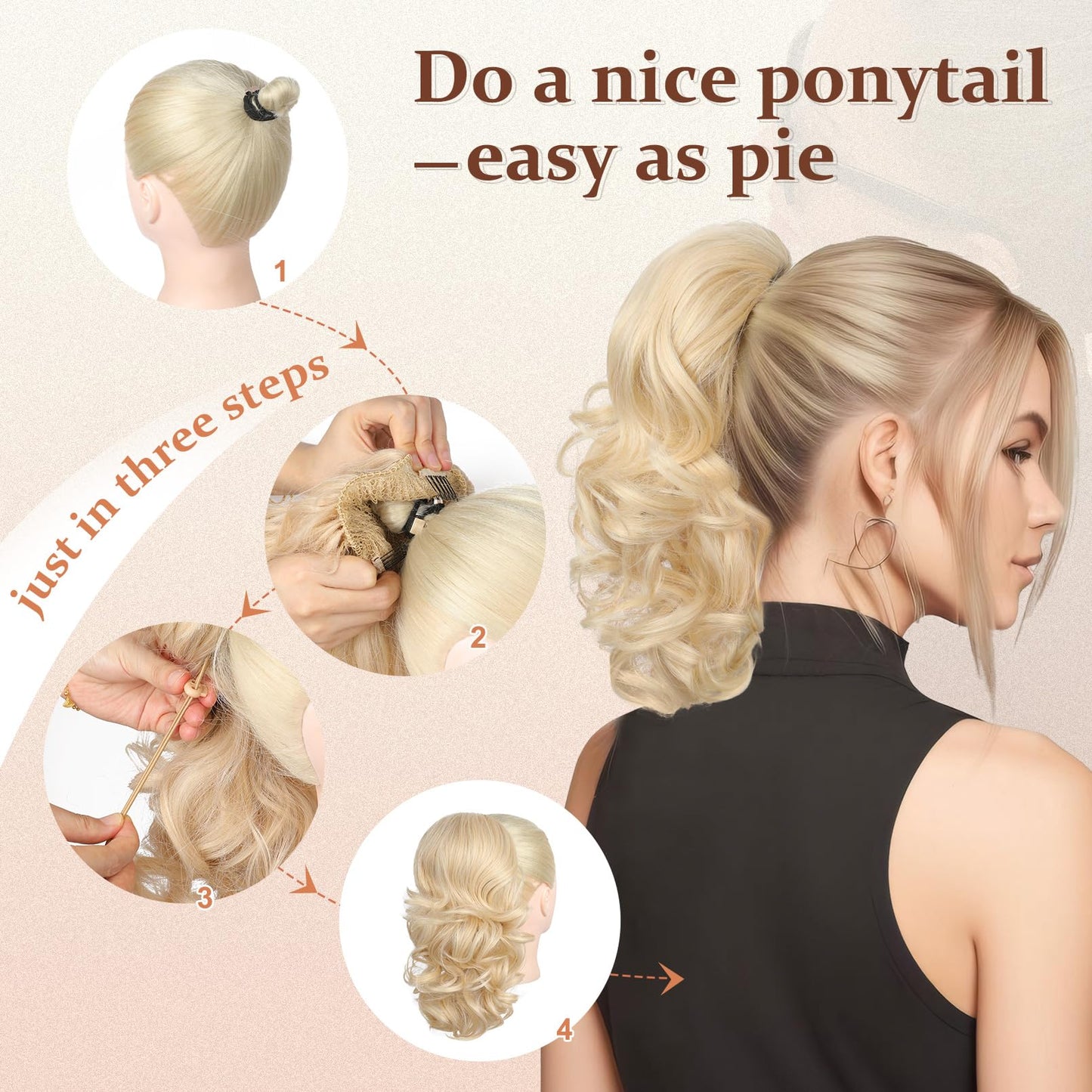 Step-by-step application of the Flufymooz drawstring ponytail extension on a woman's hair bun
