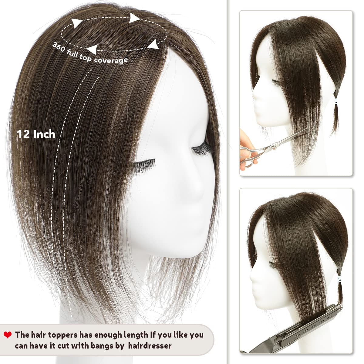 Aimeolyn 12 inch top hair piece showing the upgraded handmade breathable lace base.