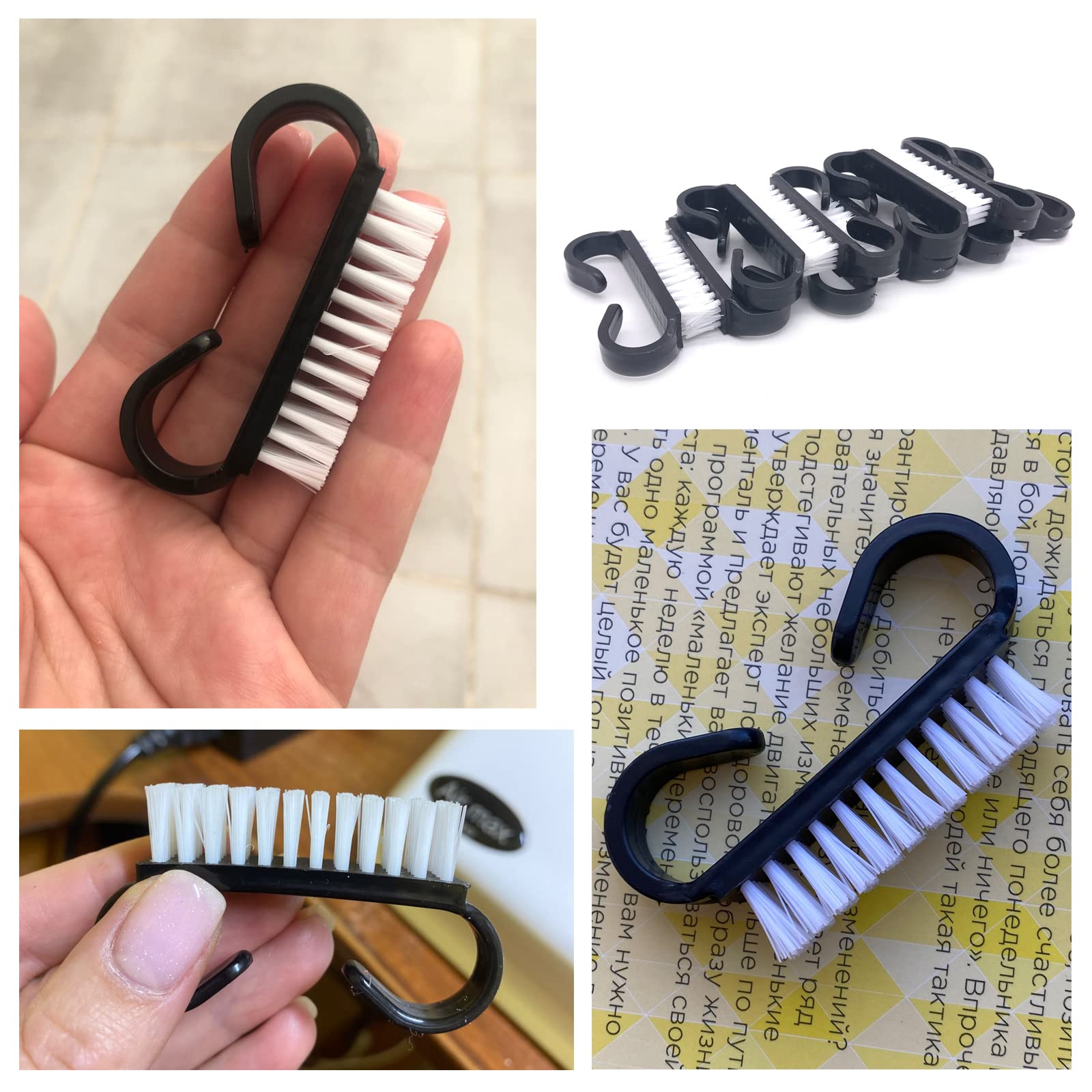 Demonstration of holding the ergonomic black handle grip brush for precise finger scrubbing